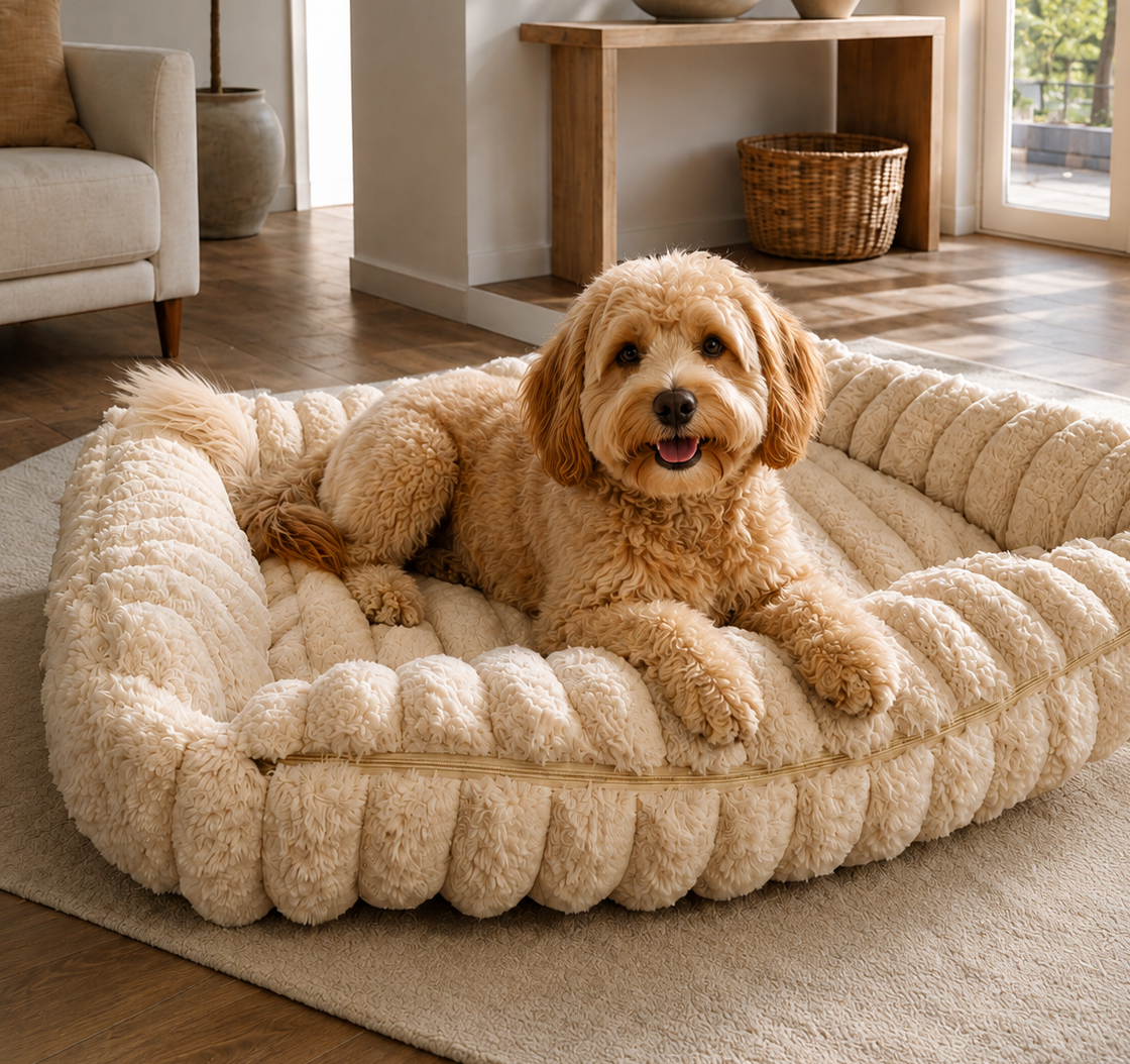 Dog relaxing in a cream bed in a bright living room